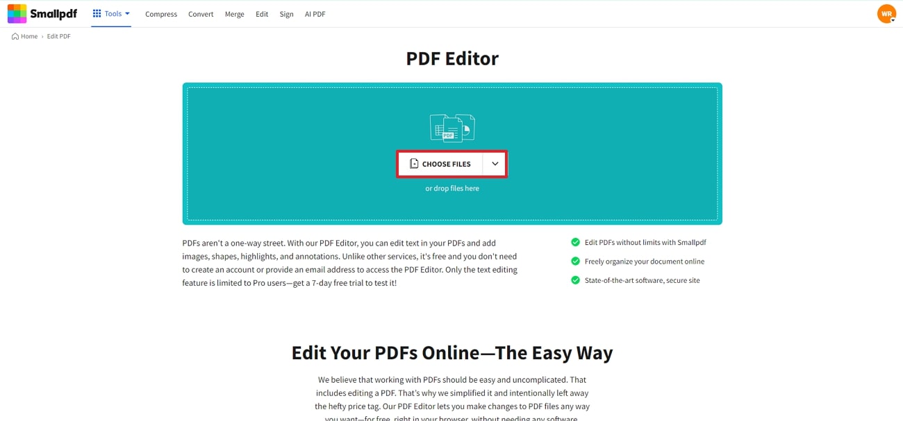 upload pdf document in smallpdf