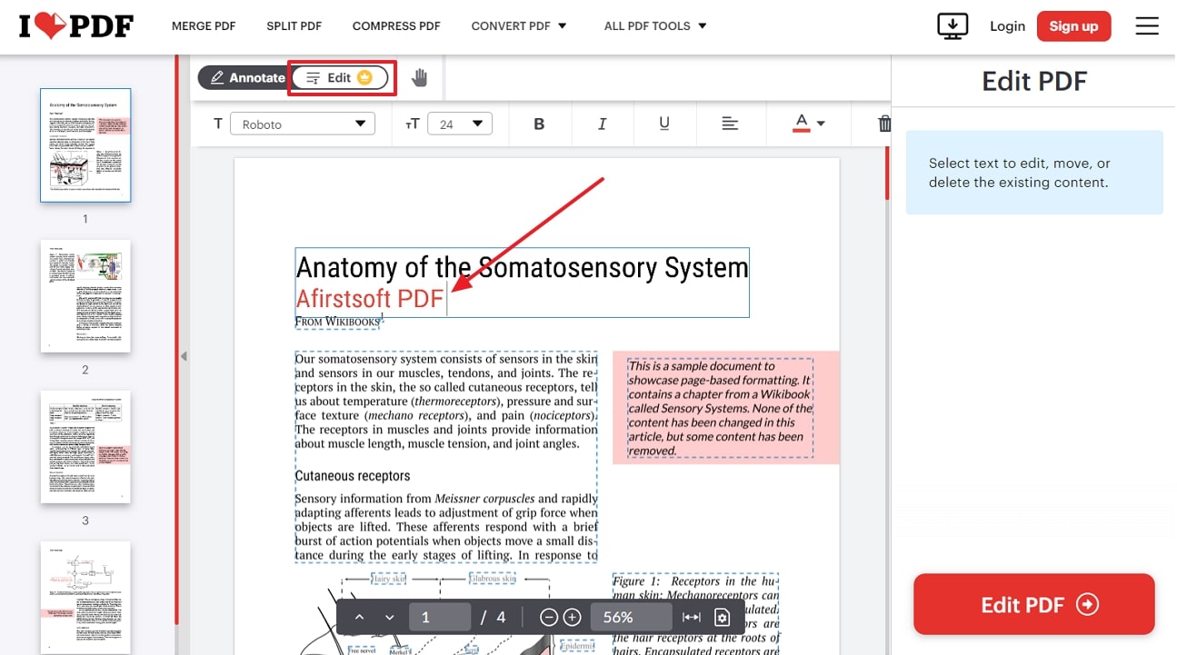 access edit tab across ilovepdf