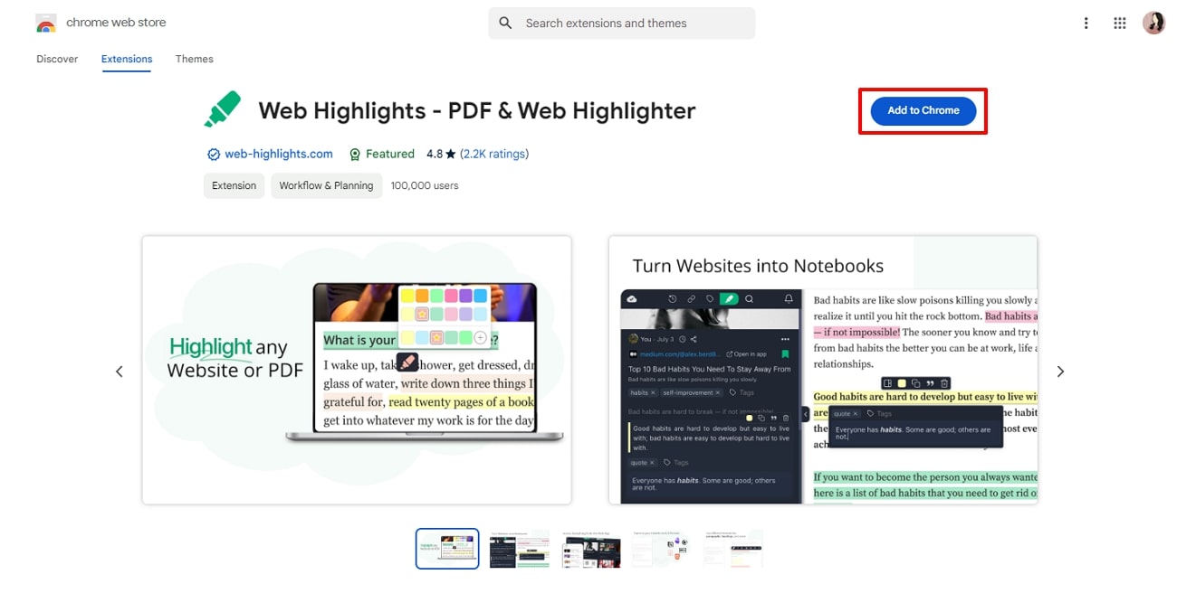 add extension to chrome web highlights