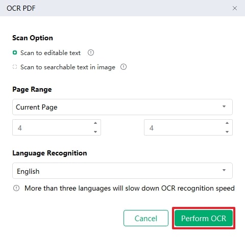 click the perform ocr button