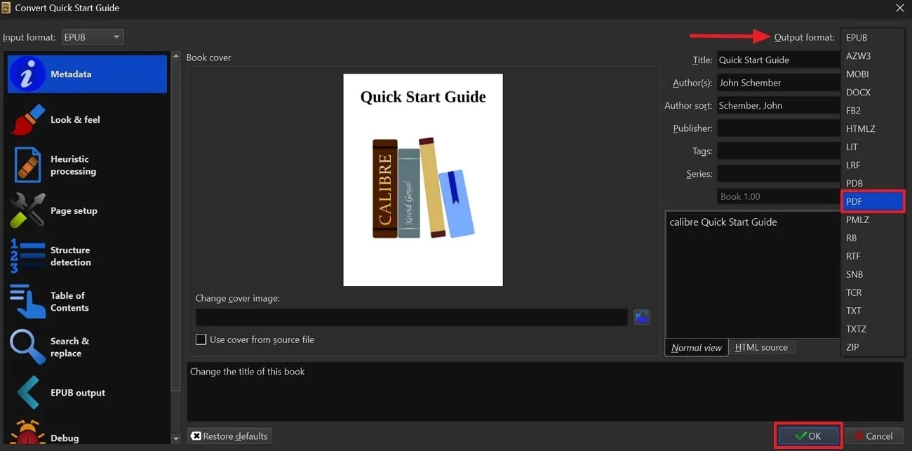 choose the output format as pdf