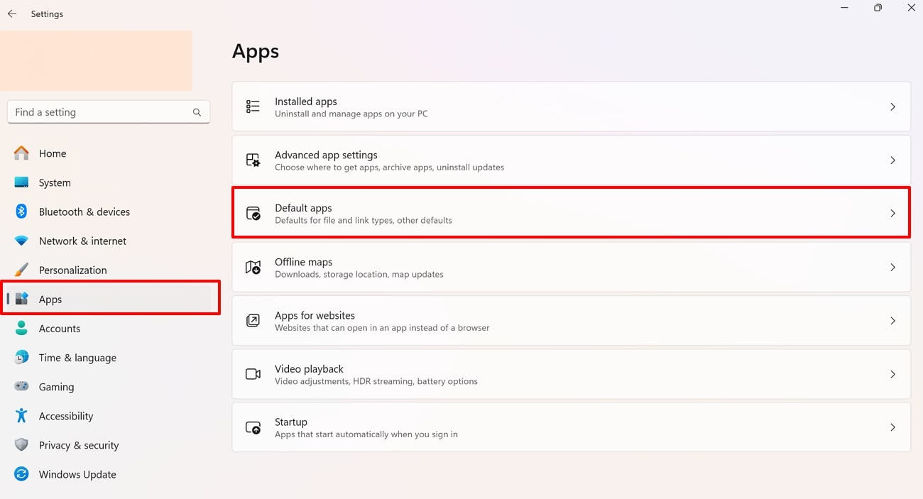 access default app settings  