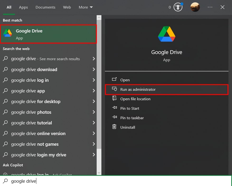 run google drive as admin