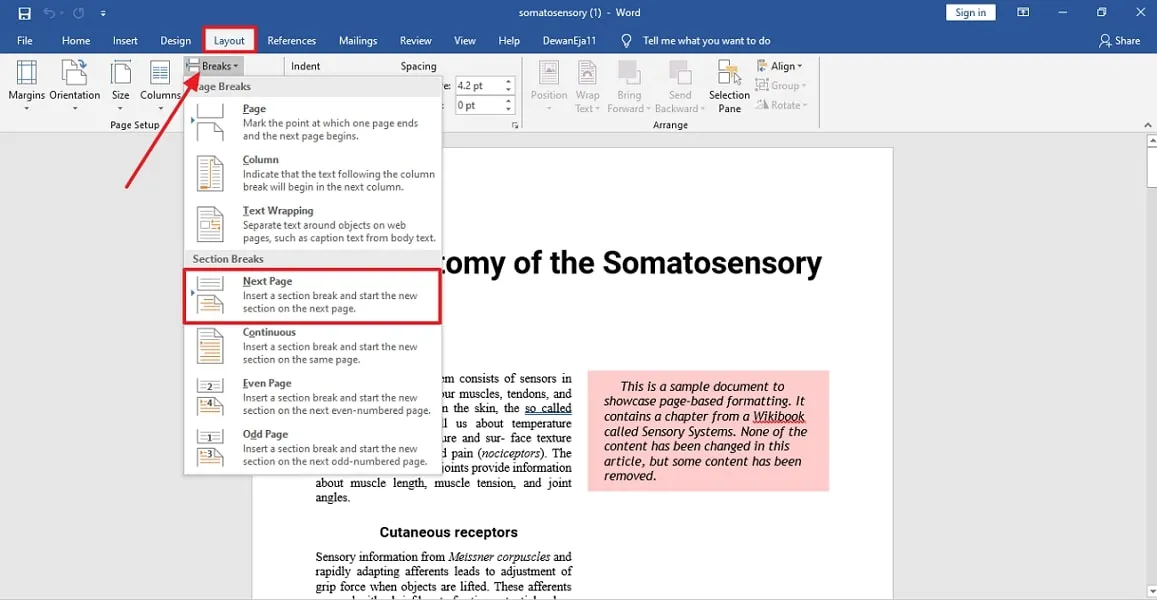 perform page break in word