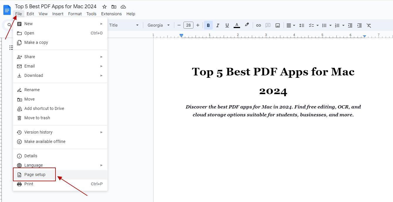 choose page setup in google doc