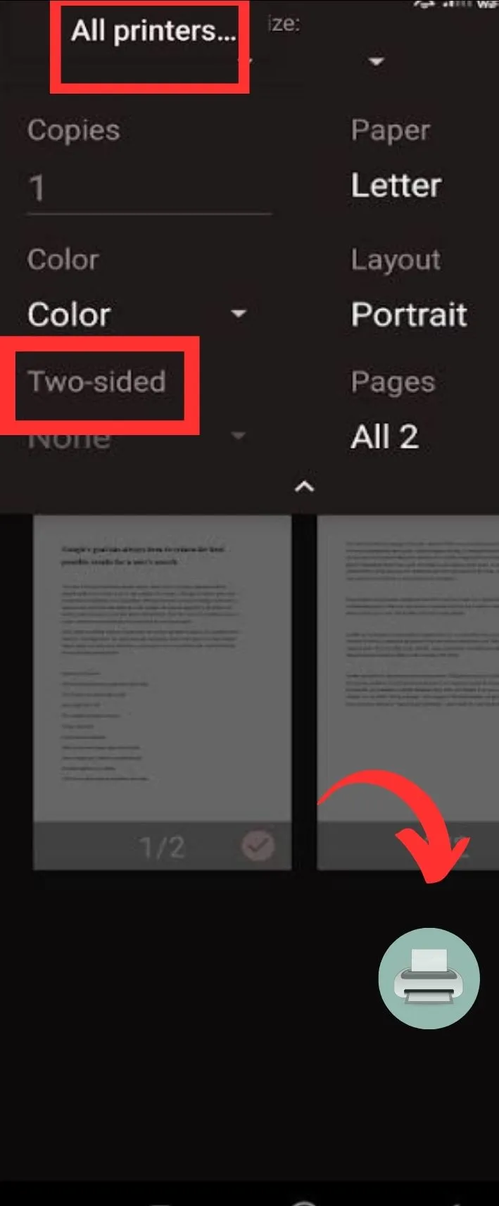 select two sided and print