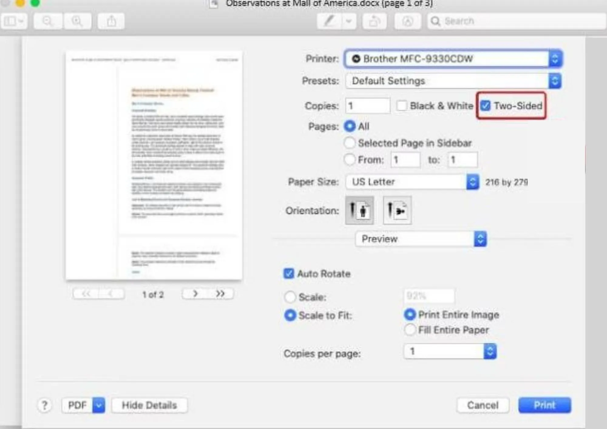 select printer in mac an two sided