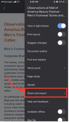 select share and export option