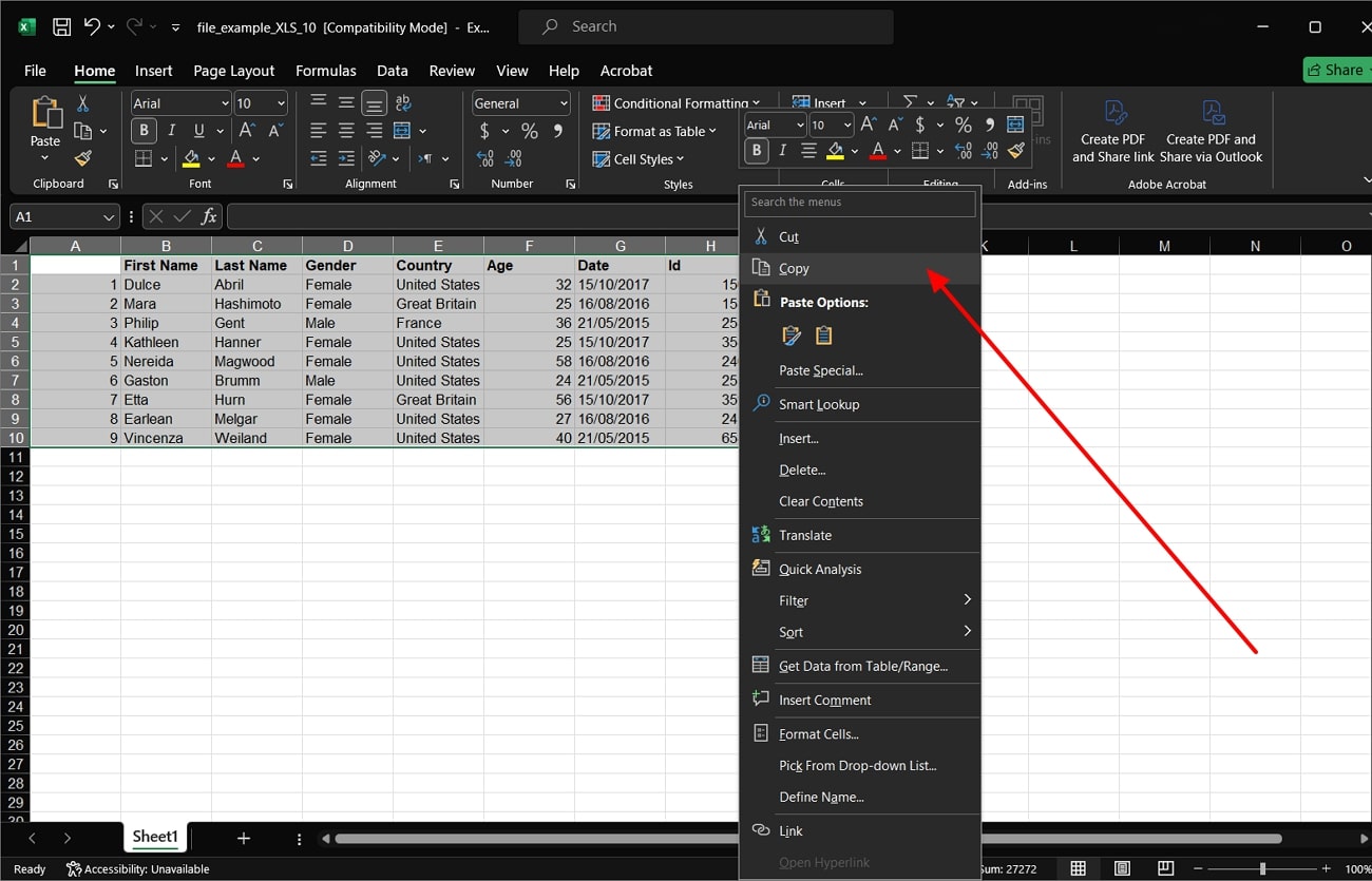 copy your excel table