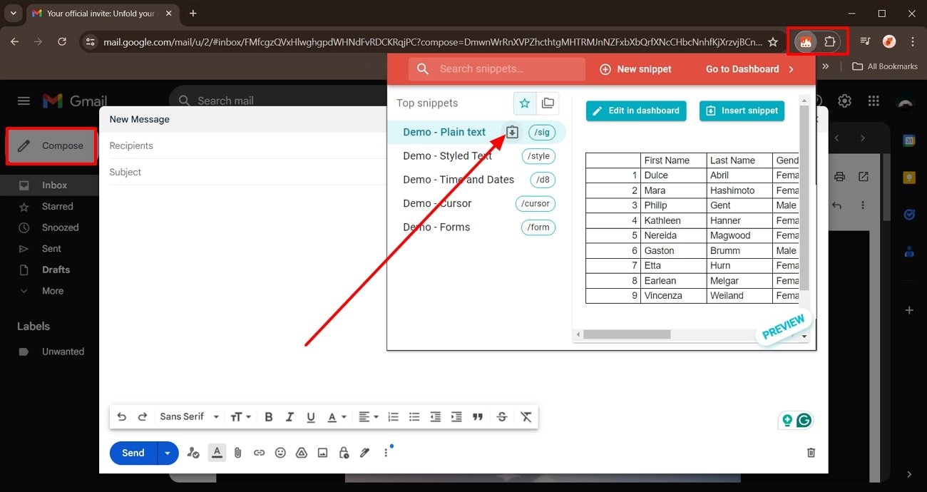 add the table snippet