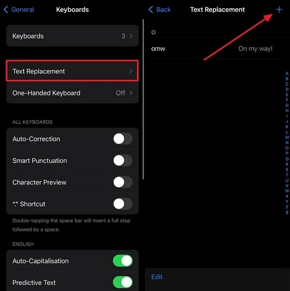 open text replacement settings and add