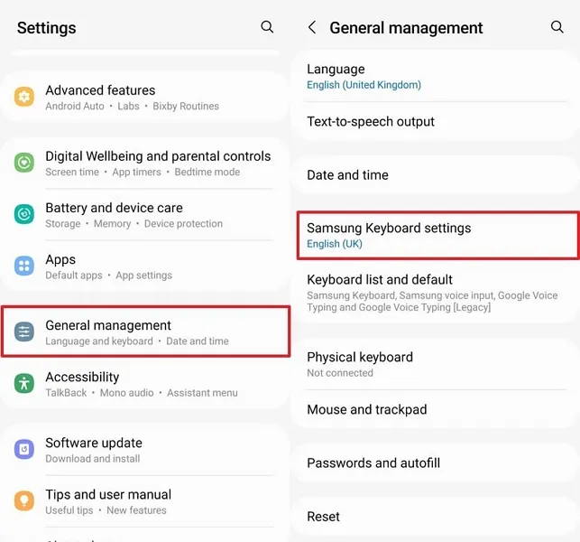 open general management keyboard settings android