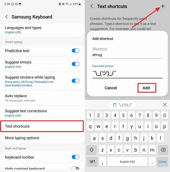 include text shortcut shurg android