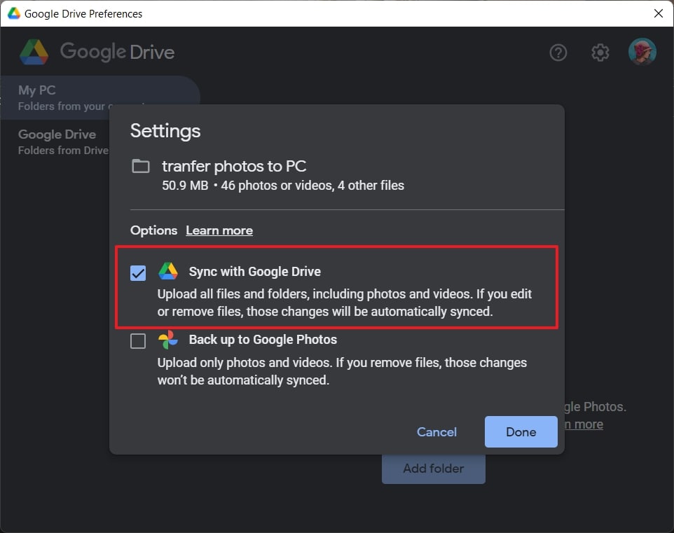 enable sync with google drive