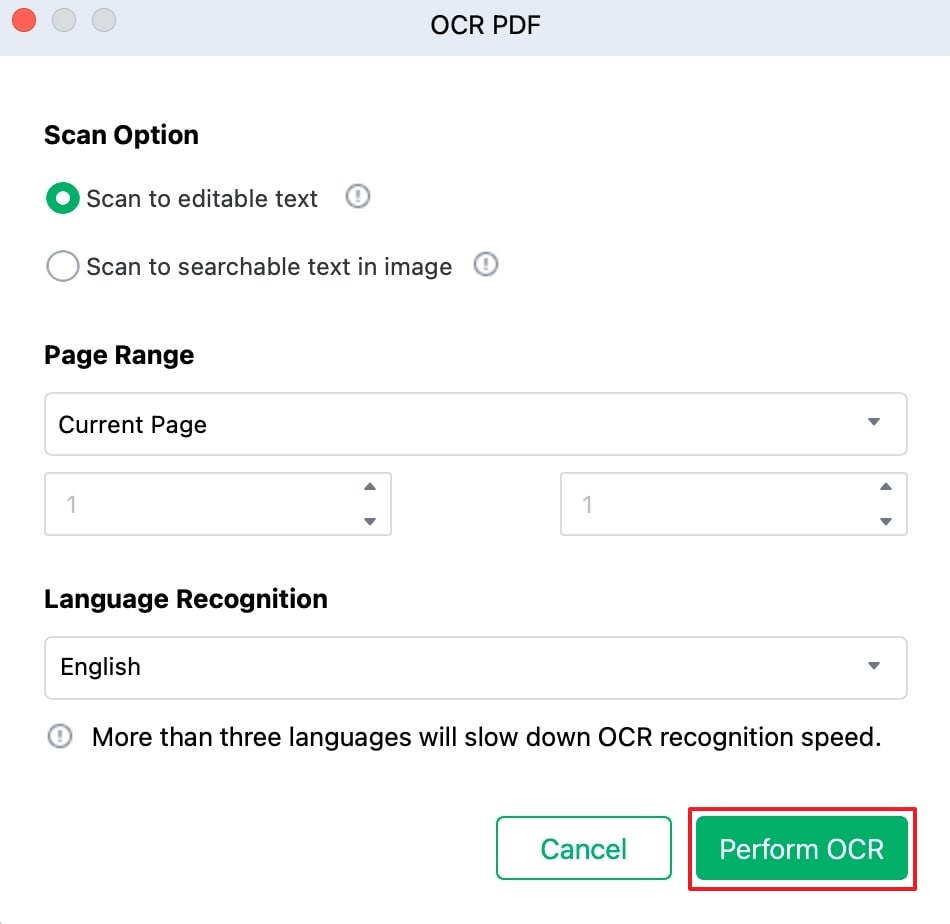 press the perform ocr button