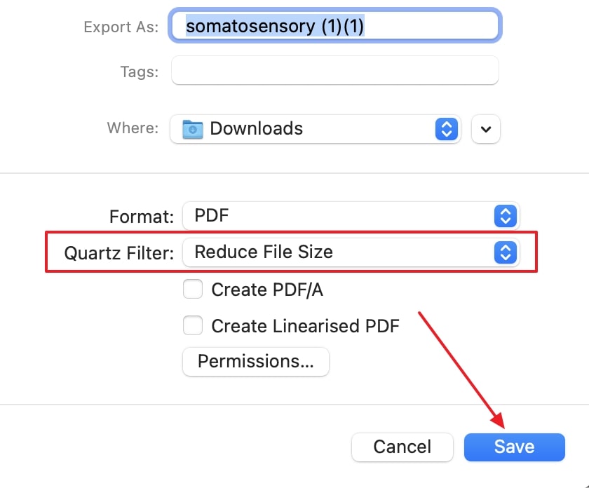 set quartz filter to reduce file size