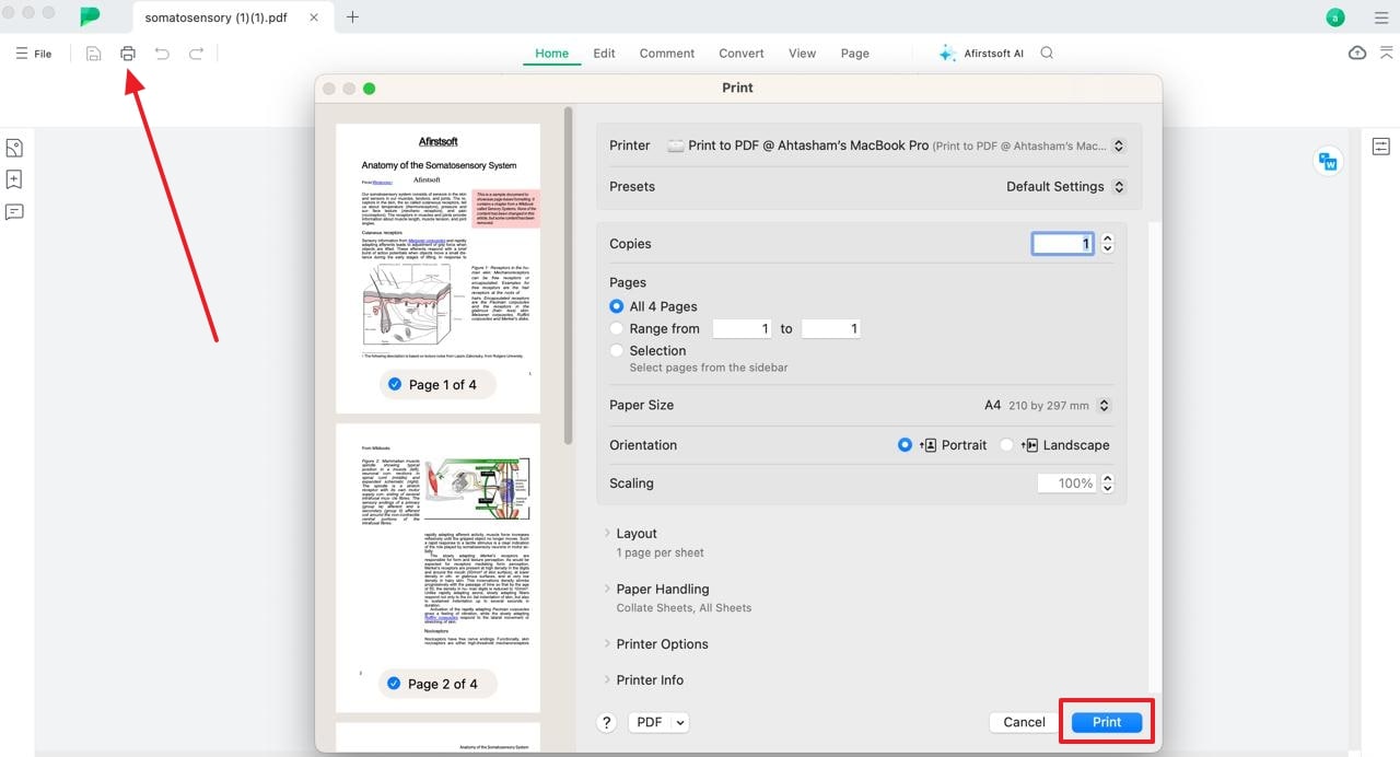 access the print settings