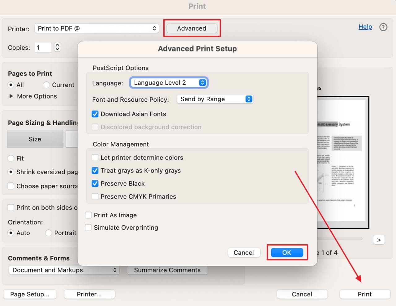 confirm the print settings