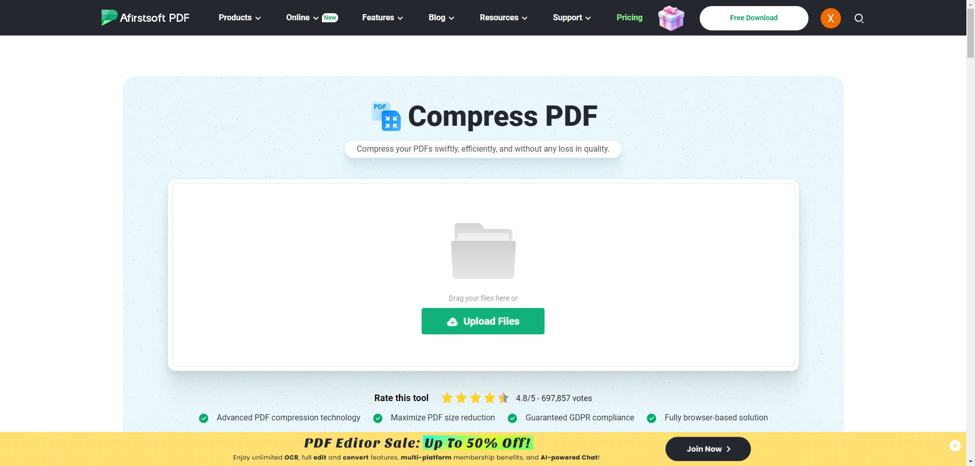 upload PDF in Afirstsoft PDF compress online tool