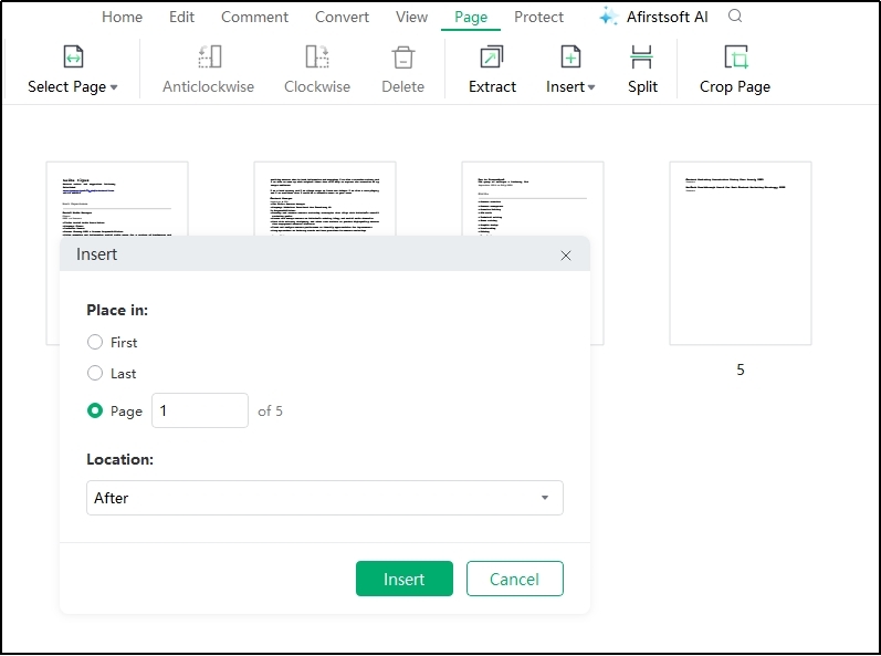 page inserting settings in Afirstsoft pdf