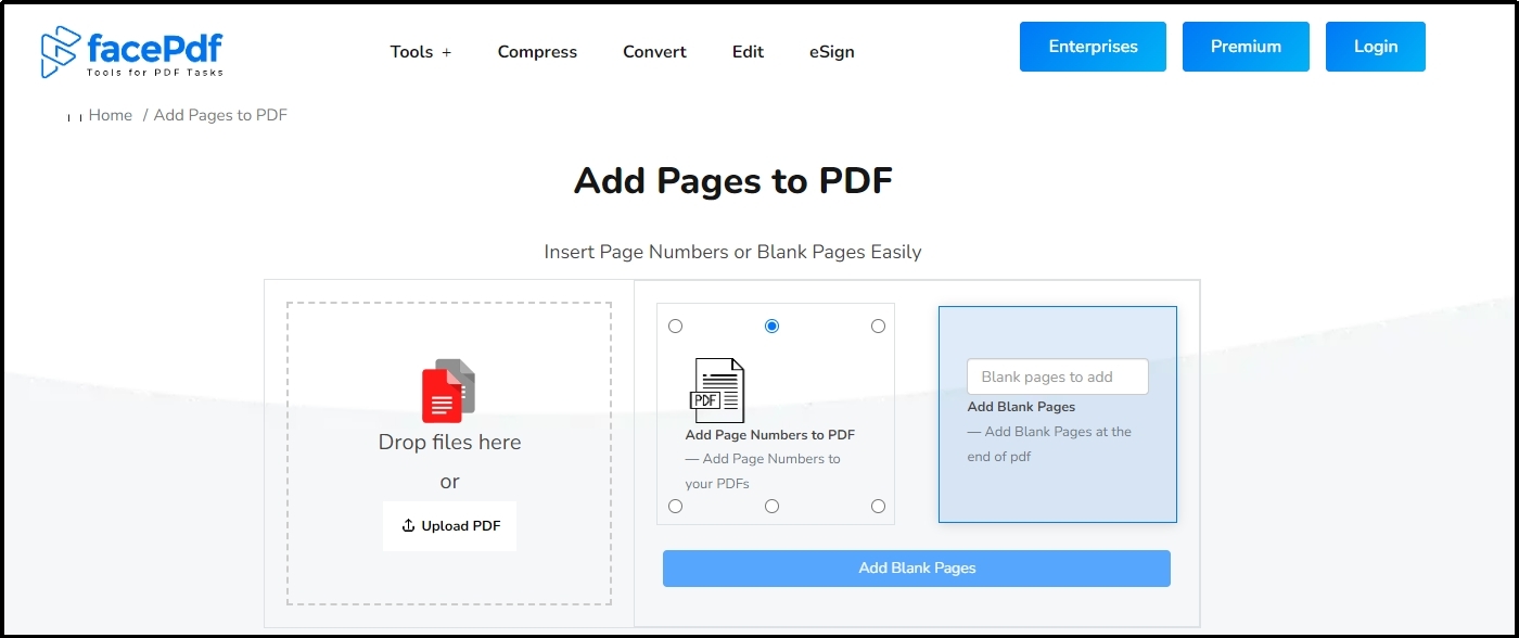 document uploading and page inserting screen of face pdf