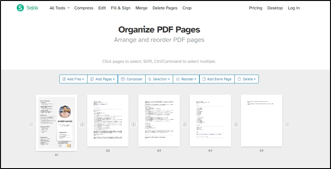 add pages option in Sejda pdf online tool