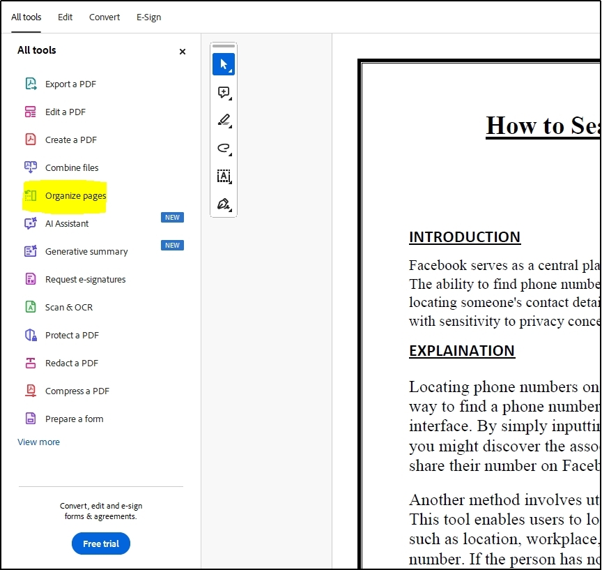 organize pages option in adobe reader