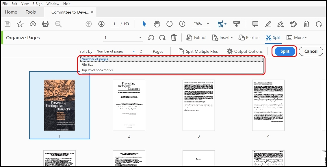 splitting options in adobe acrobat