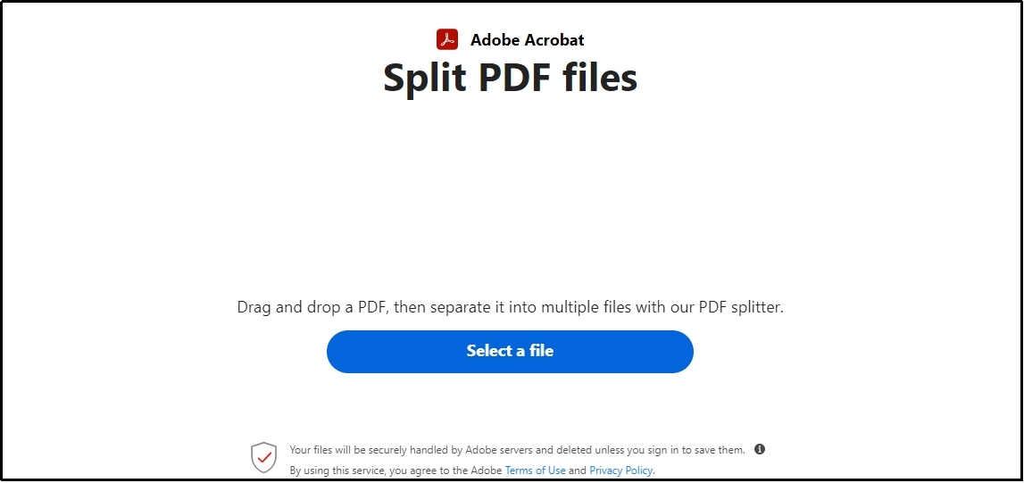 select a file option in adobe acrobat online splitting tool