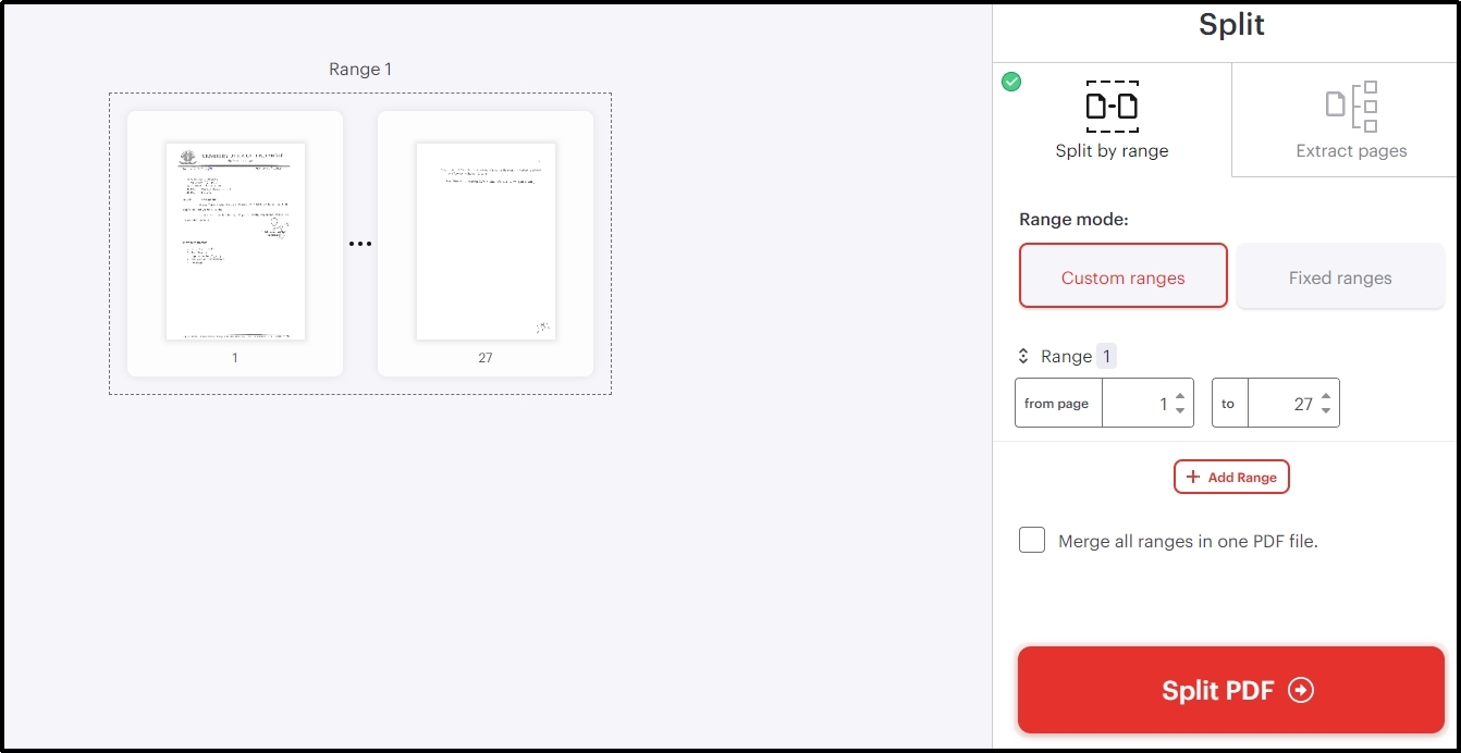 splitting options in I love pdf tool