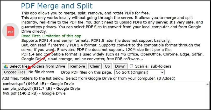 choose files in pdf merge and split extension