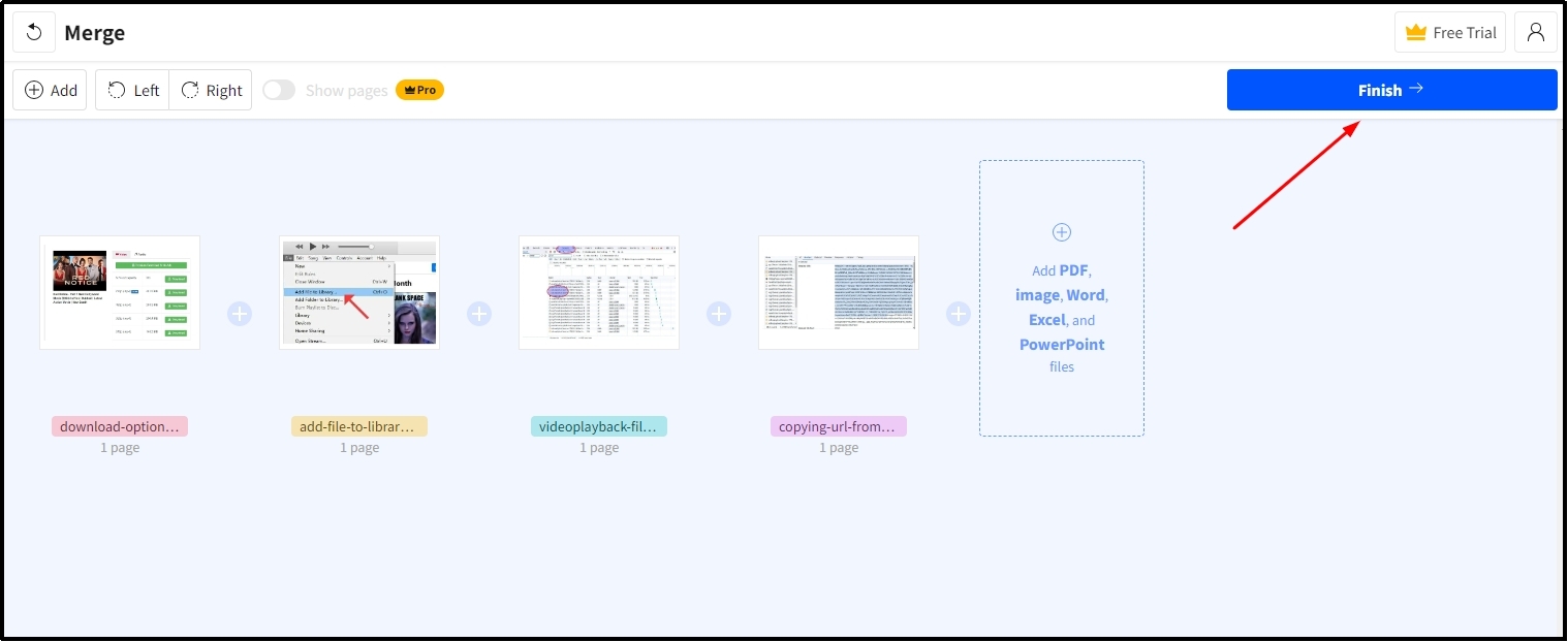 small pdf merging tool finish button