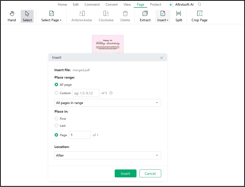 insert pages setting box in Afirstsoft pdf