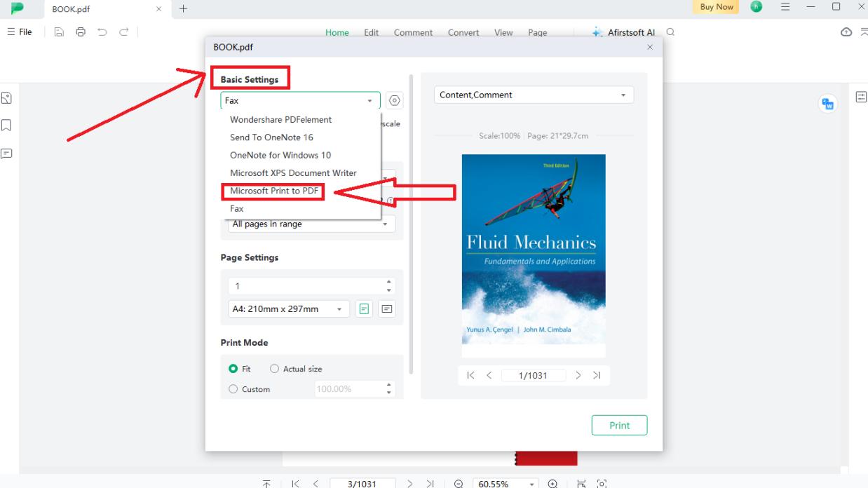 Select ‘microsoft print to pdf’ option from the basic settings