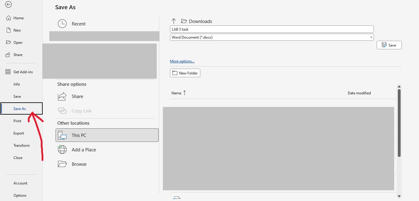 navigating to the  “save as” option in MS Word