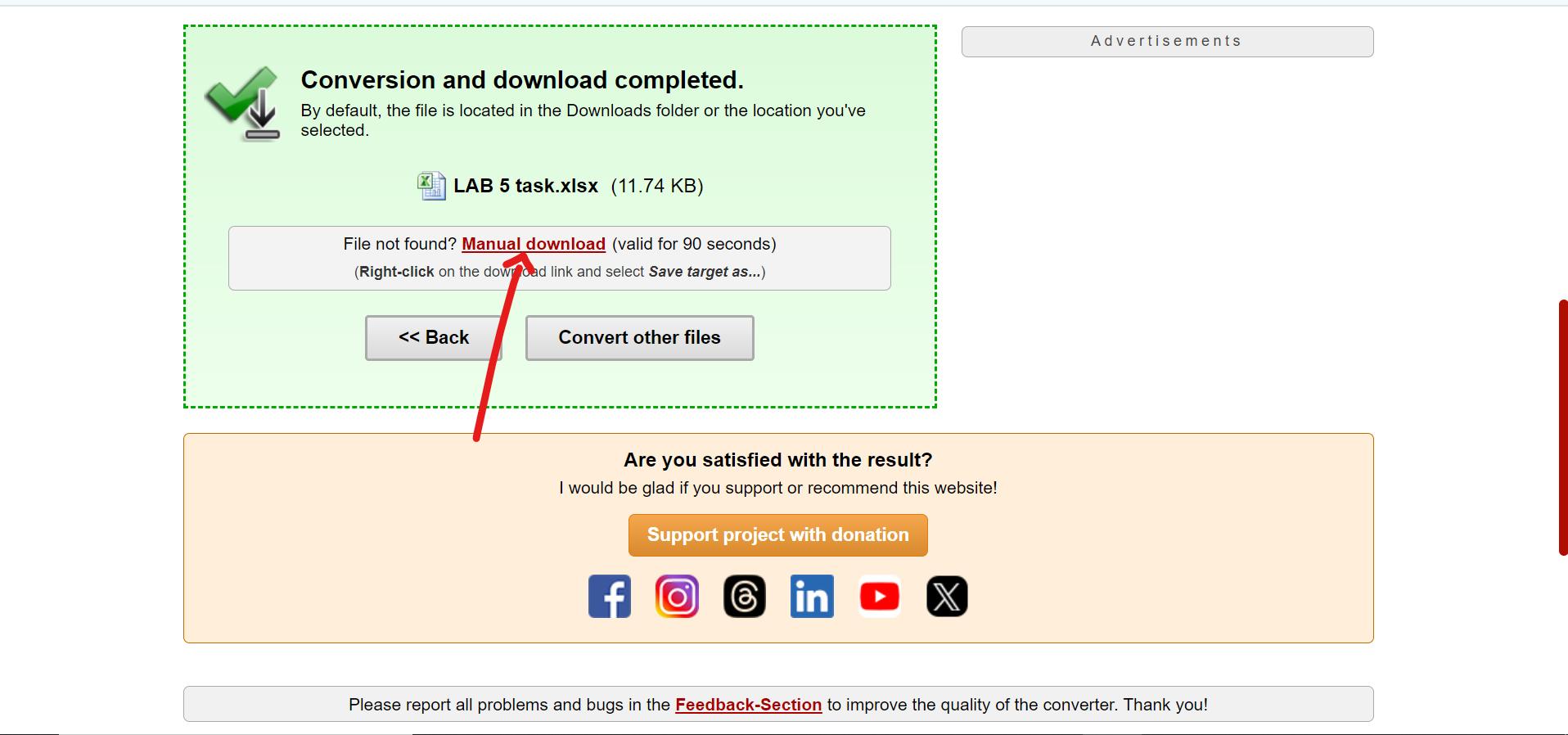 downloading the converted Word to an Excel file