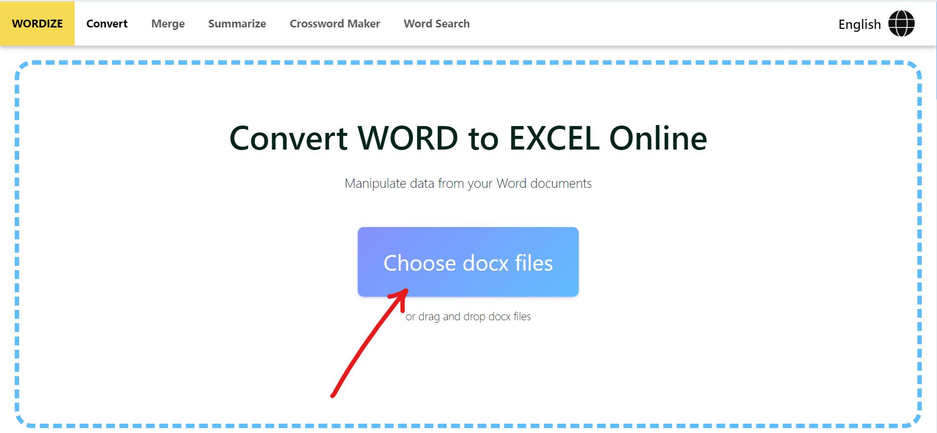 opening the Word to Excel converter tool of Wordize