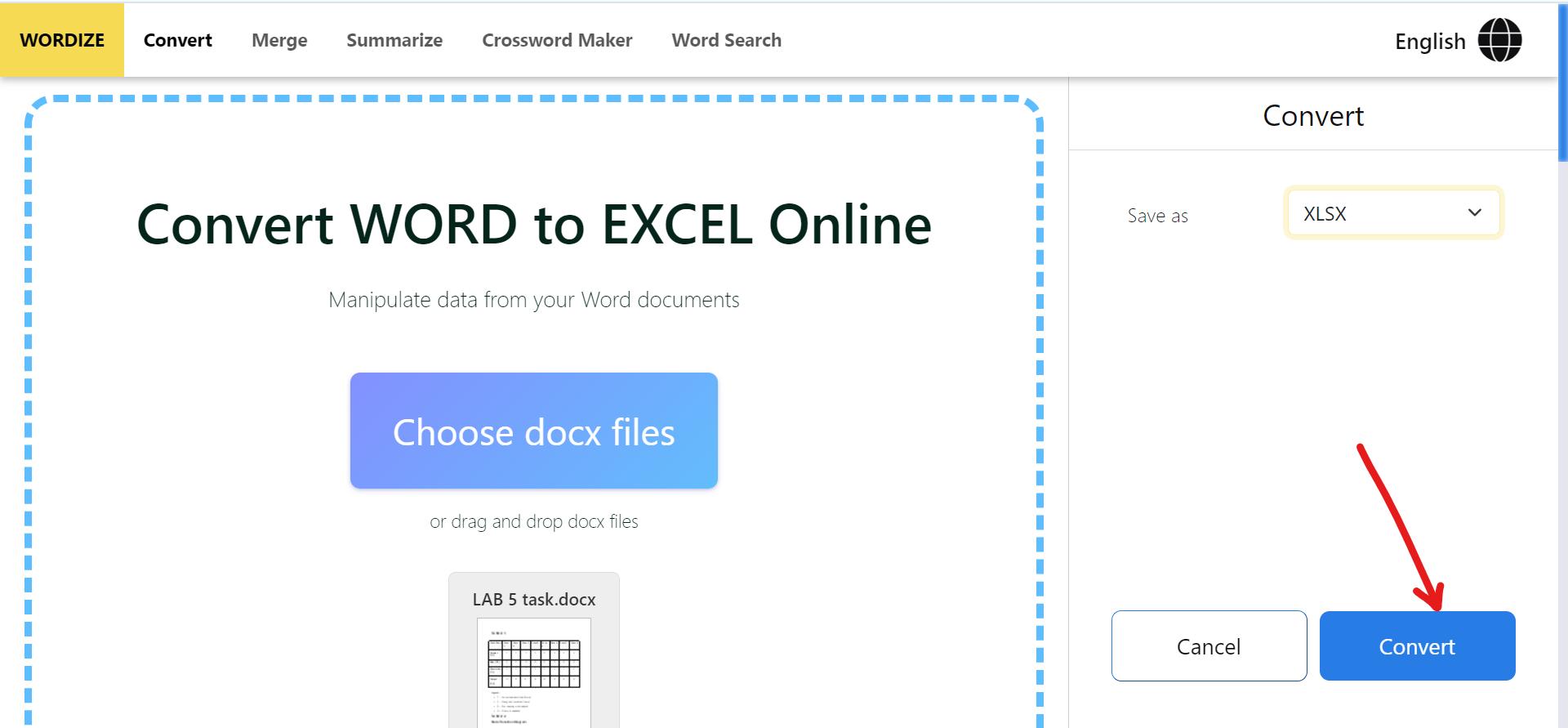 starting the conversion from Word to Excel