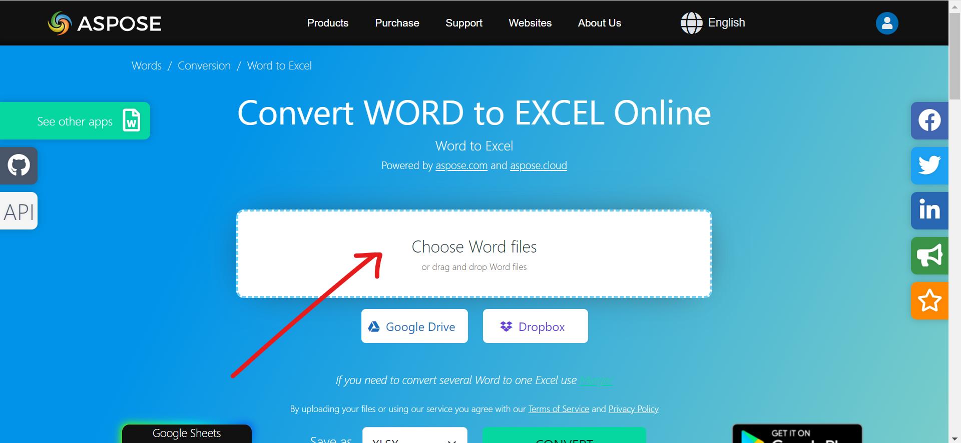 opening the Word to Excel converter tool of aspose