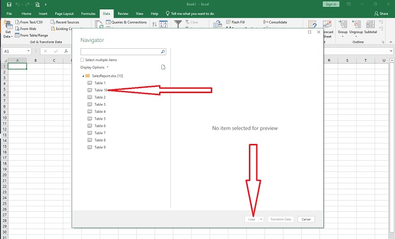 excel tables selection