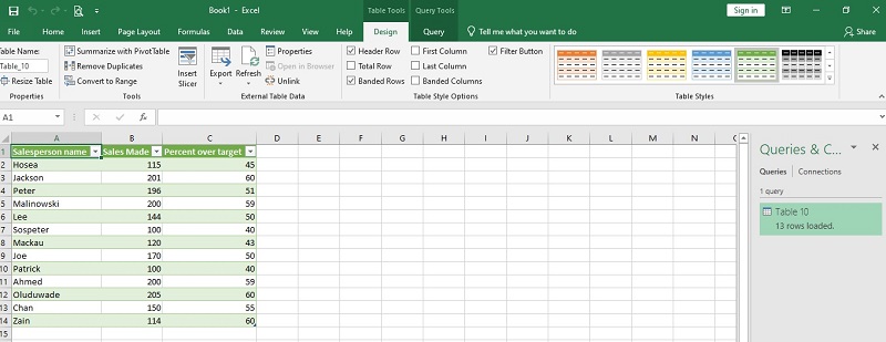 excel table extract output