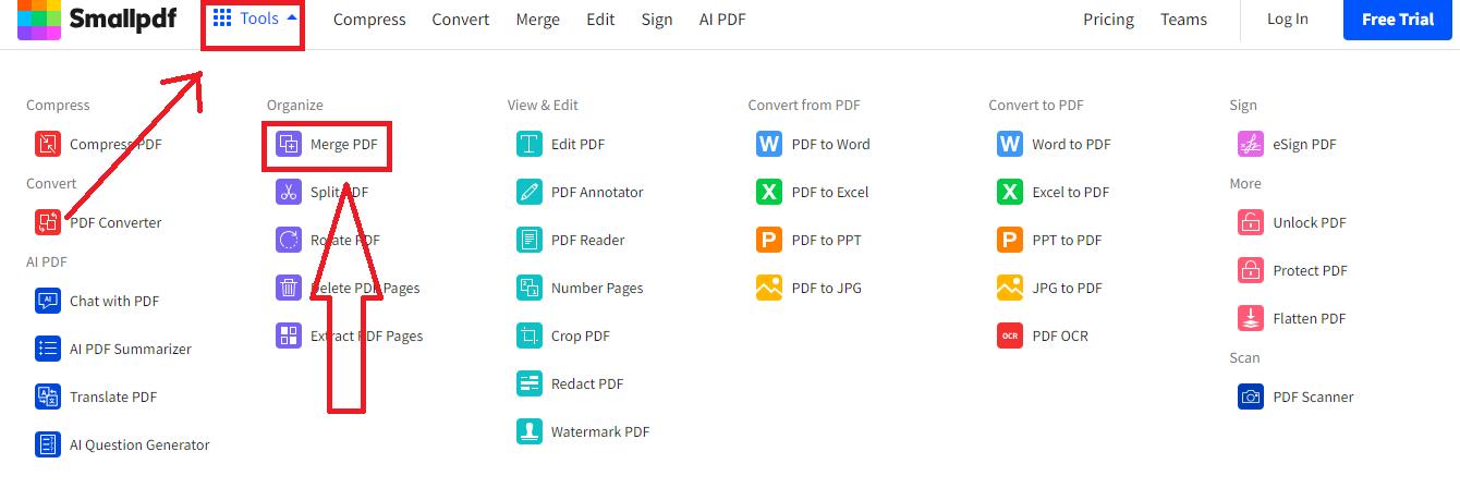 go to small pdf merge pdf feature