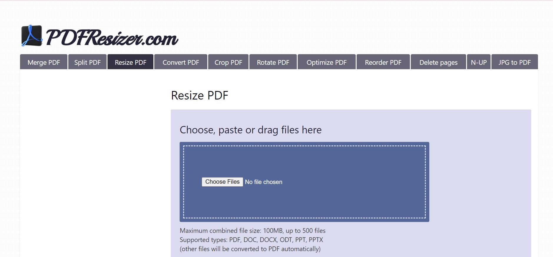 pdf resizer interface