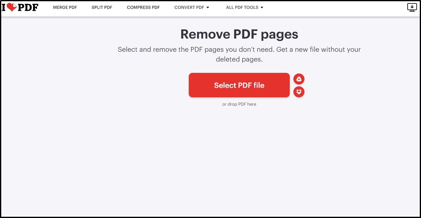 select pdf file online page remover by ilovepdf