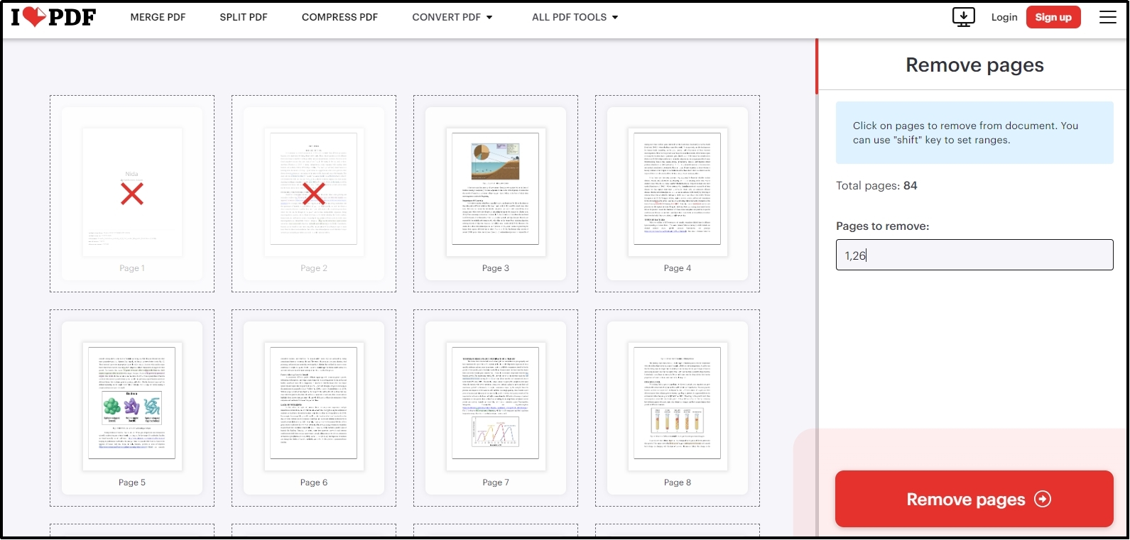remove pages button ilovepdf