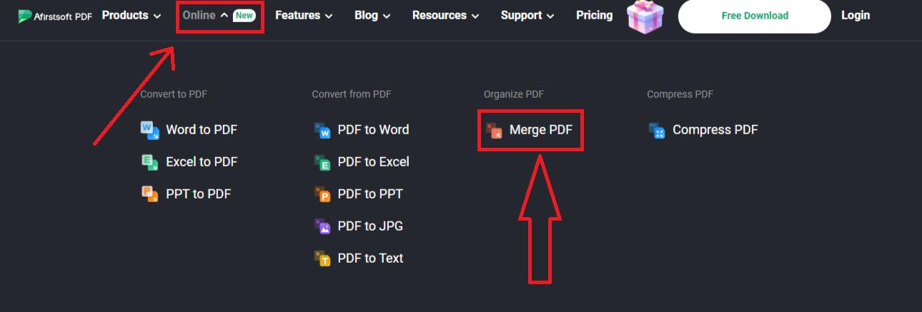 afirstsoft pdf online “merge pdf” option