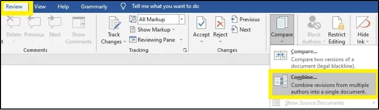 combine option in ms word