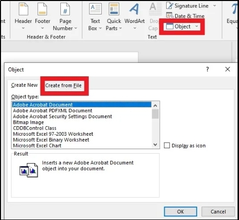 create from file option in insert tab of ms word