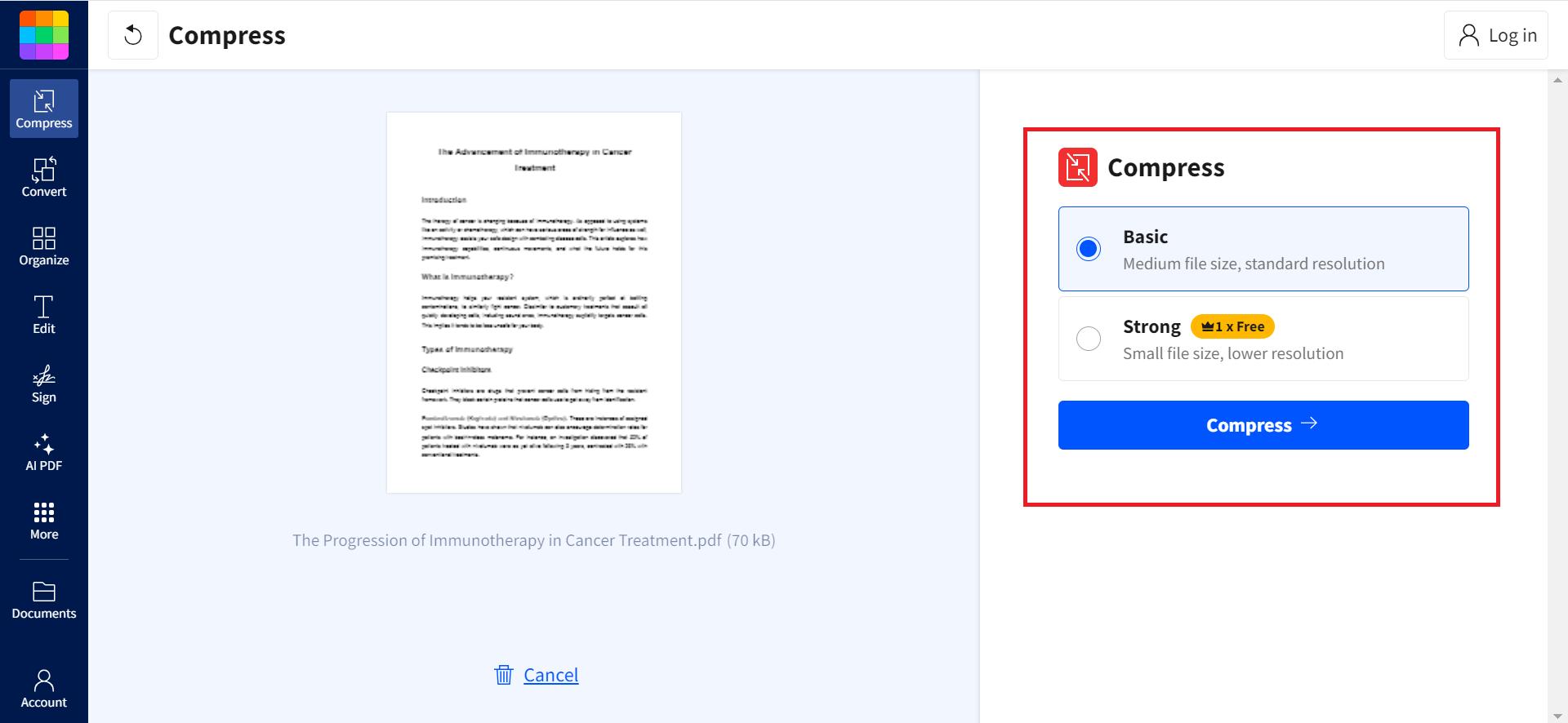 selecting the compression level in smallpdf