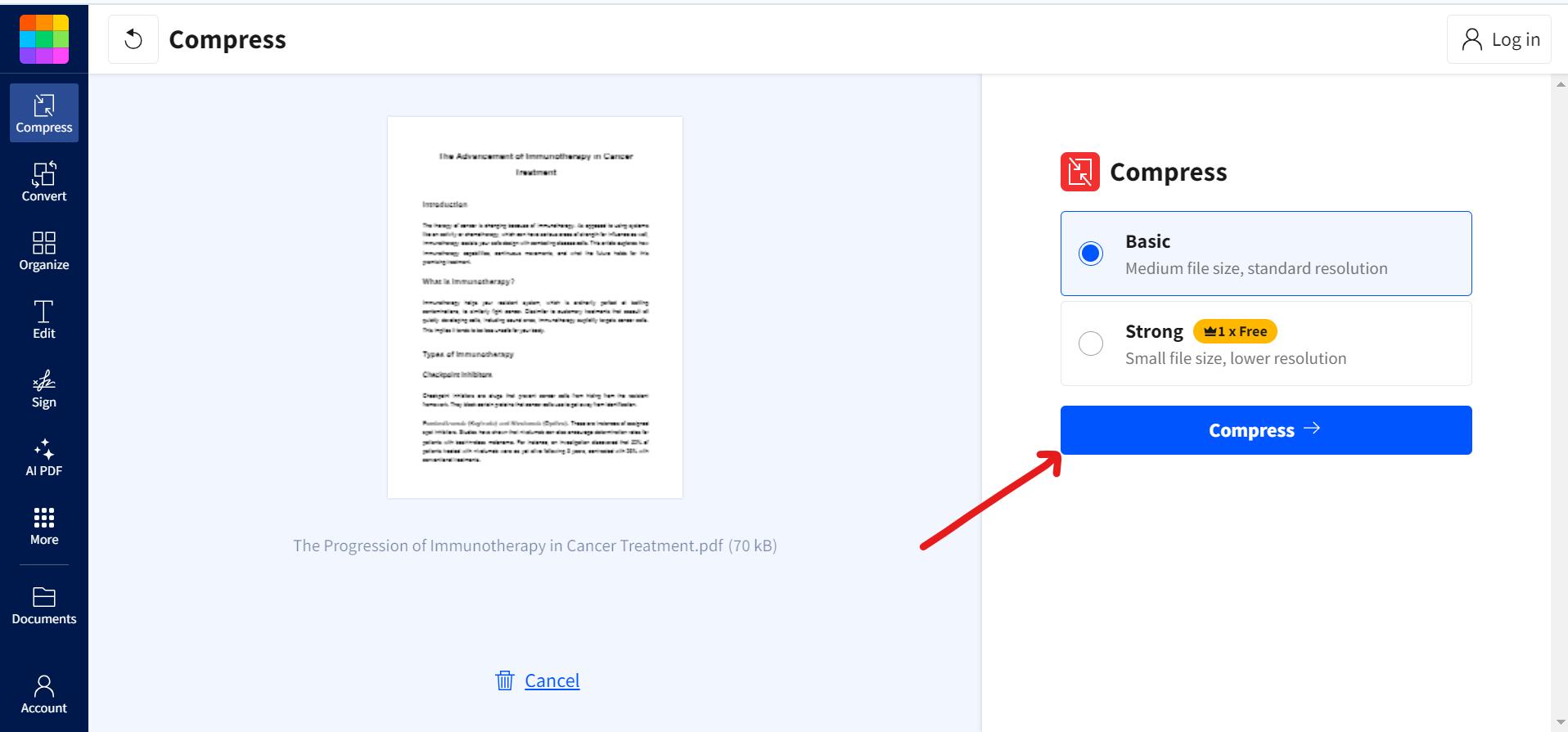 starting the compression method in smallpdf